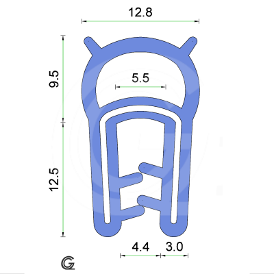 Siliconen klemprofiel met kraal | blauw | FDA keur | 22 x 12,8 mm | klem 1,0 - 3,0 mm | per meter